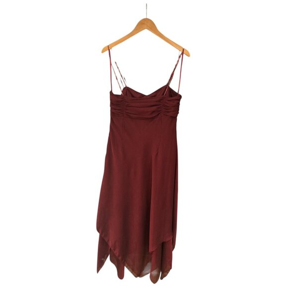 Eva Blue Burgundy Asymmetrical Slip Dress | Ruched Tie Bust Satin Midi Dress | R - Picture 7 of 10